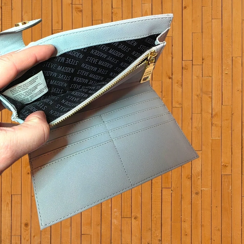 Steve Madden Large Wallet Baby Blue Embossed Logo Zip Around Clutch